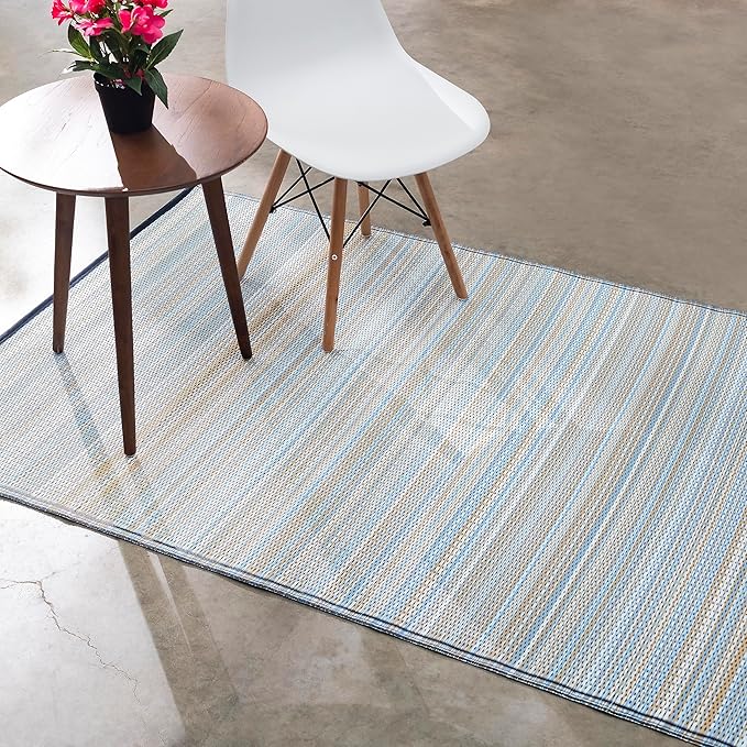 Fab Habitat Outdoor Rug - Waterproof, Fade Resistant, Crease-Free - Premium Recycled Plastic - Striped - Patio Porch Balcony Deck - Cancun - Shadow Blue - 8 x 10 ft