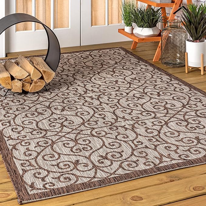 JONATHAN Y Vintage Filigree Indoor Outdoor Area Rug 10X14 Taupe/Espresso, Madrid Textured Weave for Backyard, Patio, Porch, Easy-Cleaning, High Traffic, Pet-Friendly, Non-Shedding (SMB107C-14)