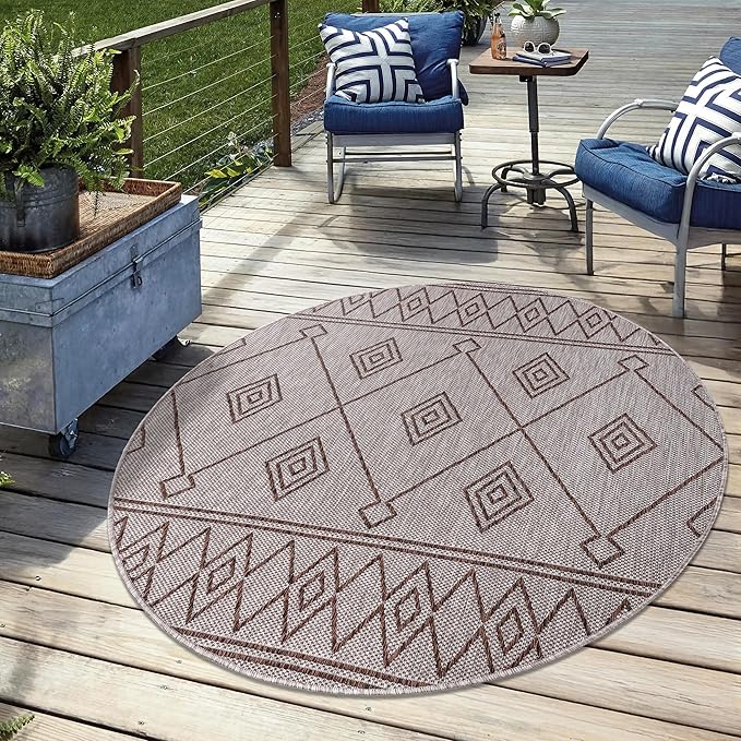 Keen Home Design Terrace Outdoor Area Rug - 63" Round Washable Indoor/Outdoor Rug for Patio, Kitchen, Balcony, Beach, Garden, Deck and Porch, Size: 5'3" Round, Moroccan