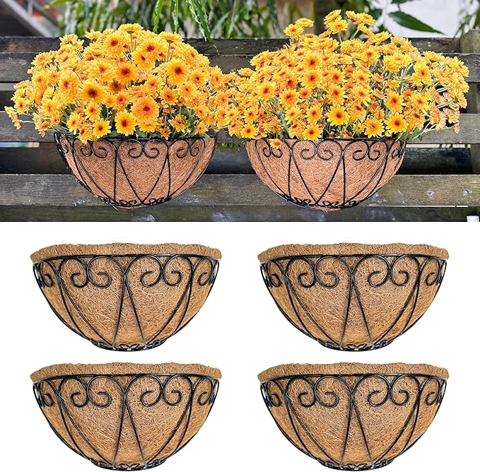 LaLaGreen Outdoor Wall Planters (4 Pack, 12 Inch) Black Metal Wall Mounted Hanging Basket with Coco Liner, Flower Pot Plant Holder Semi-Circle Planter for Fence Railing Deck Porch Balcony Garden Decor