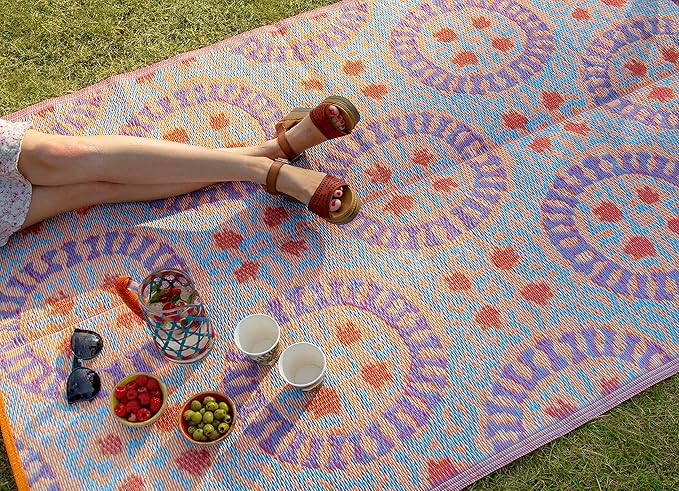 Talking Tables Boho Woven Waterproof Outdoor Rug | Plastic, Lightweight & Non Slip Mat with Double-Sided Geometric Pattern | for Garden, Patio, Decking, Bathroom, Utility, Picnic,Boho-Rug-V3