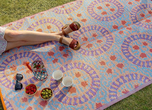 Talking Tables Boho Woven Waterproof Outdoor Rug | Plastic, Lightweight & Non Slip Mat with Double-Sided Geometric Pattern | for Garden, Patio, Decking, Bathroom, Utility, Picnic,Boho-Rug-V3