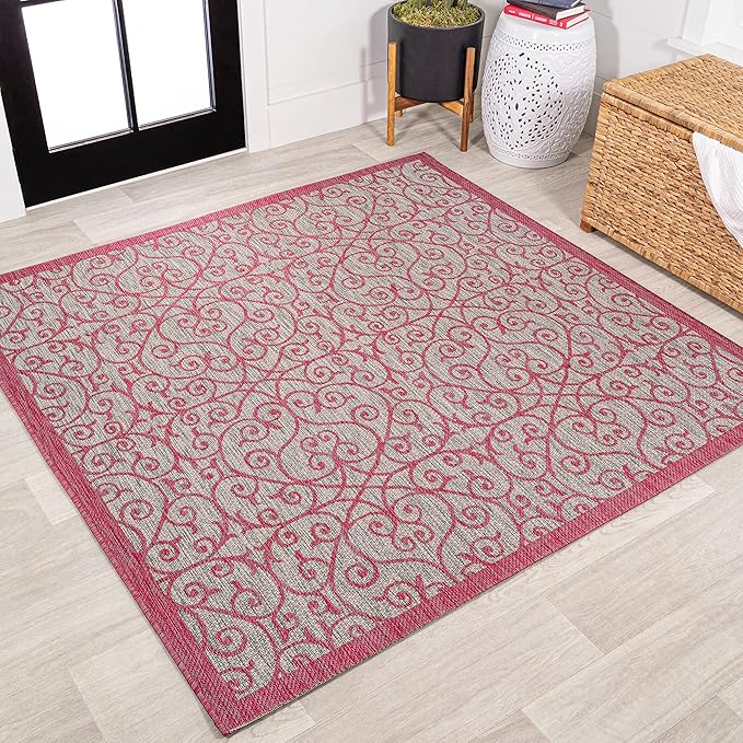 JONATHAN Y Vintage Filigree Indoor Outdoor Square Area Rug 5X5 Light Gray/Fuchsia, Madrid Textured Weave for Backyard, Patio, Porch, Easy-Cleaning, High Traffic, Pet-Friendly Non-Shedding SMB107I-5SQ