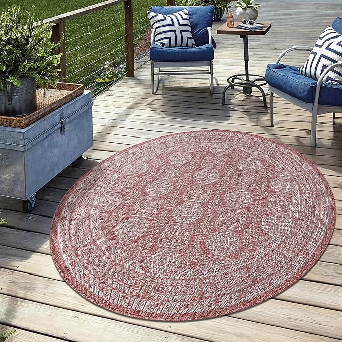 Keen Home Design Terrace Outdoor Area Rug - 63" Round Washable Indoor/Outdoor Rug for Patio, Kitchen, Balcony, Beach, Garden, Deck and Porch, Size: 5'3" Round, Trend Red