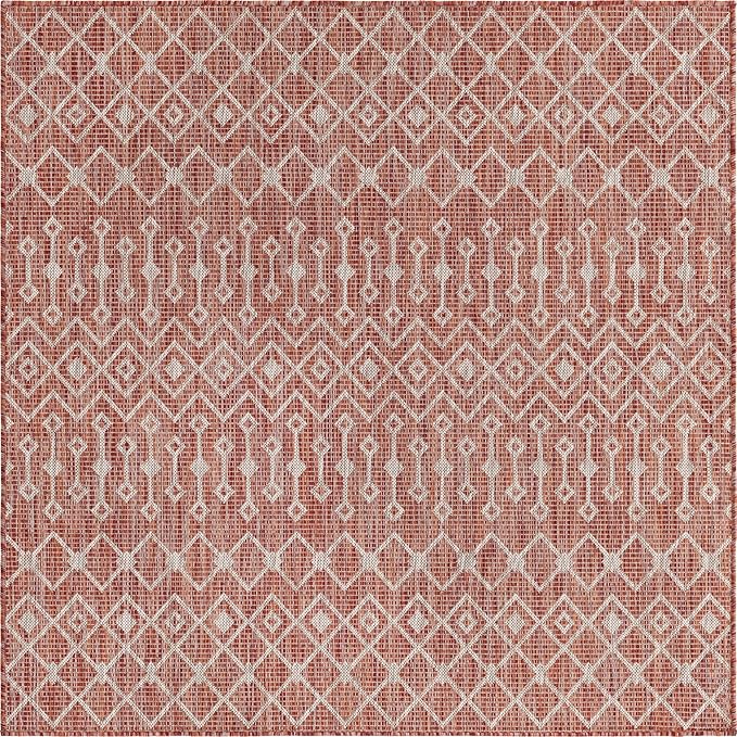 Unique Loom Outdoor Trellis Collection Area Rug - Tribal Trellis (5' 3" Square, Rust Red/ Ivory)
