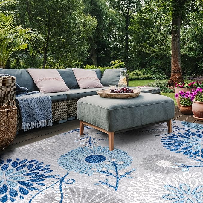 SAFAVIEH Washable Rug Outdoor Cabana Collection - 9' x 12', Grey & Blue, Non-Shedding & Easy to Clean, Ideal for Patio, Backyard, Mudroom (CBN832F)
