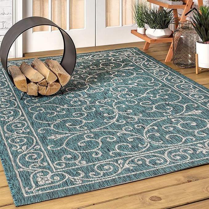 JONATHAN Y Vintage Filigree Indoor Outdoor Area Rug 10X14 Teal/Gray, Charleston Textured Weave for Backyard, Patio, Porch, Easy-Cleaning, High Traffic, Pet-Friendly, Non-Shedding (SMB106F-14)