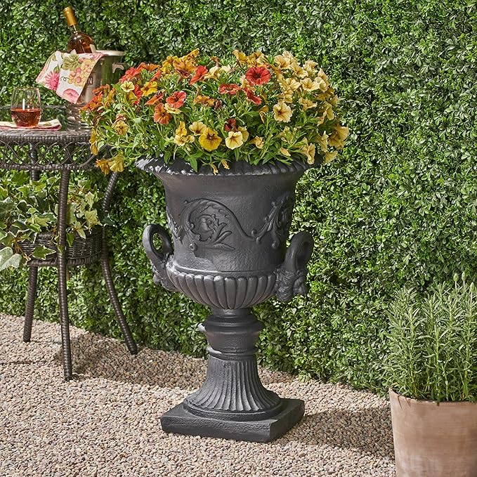 Merax 28-inch MGO Roman Garden Urn Planter, Lightweight Concrete Indoor Outdoor Flower Pot with Drainage Hole & Stopper, Stone-Look Planter for Plants, Flowers, Succulents, and Herbs, Black
