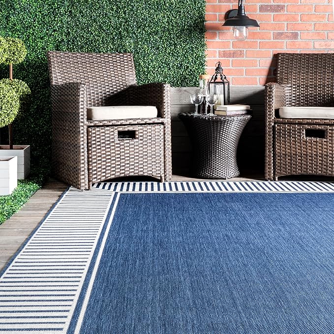 Nuloom Asha Navy/Ivory, 2' x 6', Casual, Striped Border, Soft and Cozy, High Traffic, Stain Resistant, Easy Clean, Durable Runner for Indoor/Outdoor Patio, Deck, Porch, Garden, Courtyard