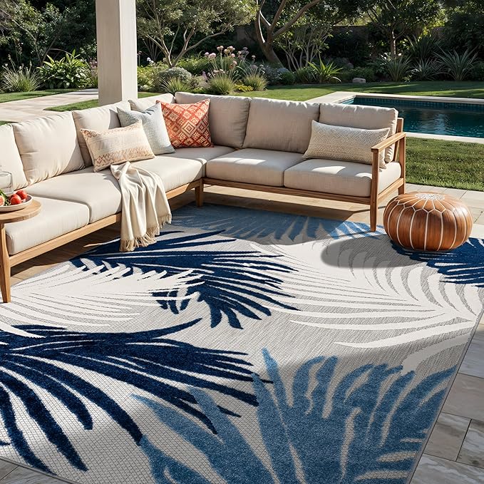 Rugshop Navy Lucca Contemporary Floral Indoor/Outdoor Area Rug Durable Polypropylene, Weather Resistant, Easy to Clean for Backyard, Deck and Outdoor Lounge 8'8" x 12'
