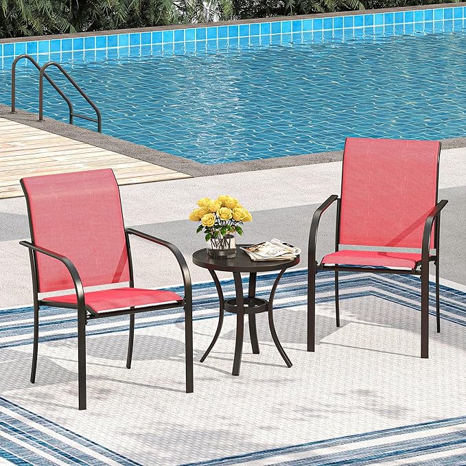 VICLLAX Patio Stackable Dining Chairs Set for 2, Outdoor Sling Chairs with Metal Frame for Front Porch Balcony Backyard Garden and Deck, Red