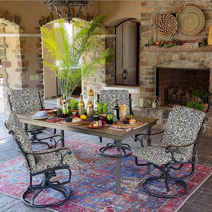 Arden 4-Pack Outdoor Patio Dining Chair Cushion, 20x44, Rain-Proof Seat Pad, Fade-Resistant Outdoor Cushion Black Aurora Damask