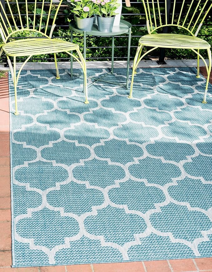 Unique Loom Outdoor Trellis Collection Area Rug (4' 1" x 6' 1" Rectangle, Aquamarine/ Gray)