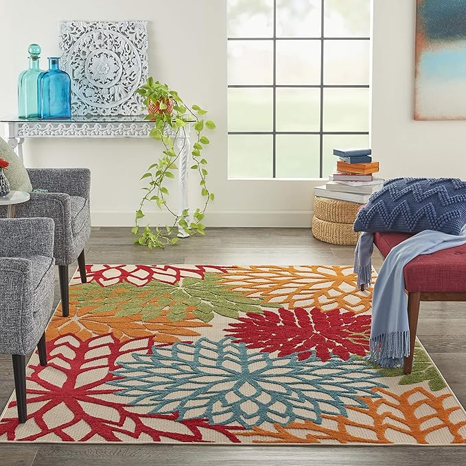 Nourison Home Aloha Indoor/Outdoor Green 5'3" x 7'5" Area Rug, Tropical, Botanical, Easy Clean, Non Shedding, Bed Room, Living Room, Dining Room, Deck, Backyard, Patio (5x7)