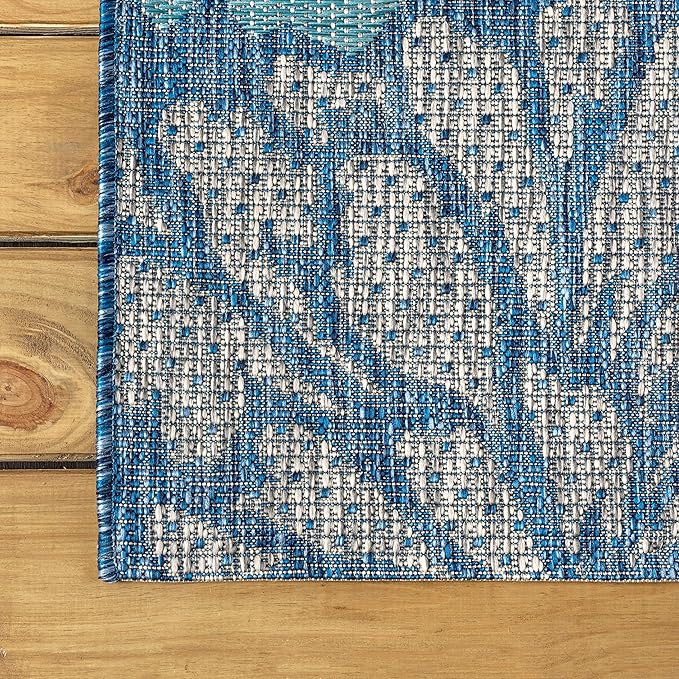 JONATHAN Y Floral Textured Weave Indoor Outdoor Square Area Rug 6X6 Navy/Aqua, Zinnia Modern for Backyard, Patio, Porch, Easy-Cleaning, High Traffic, Pet-Friendly, Non-Shedding (SMB110C-6SQ)