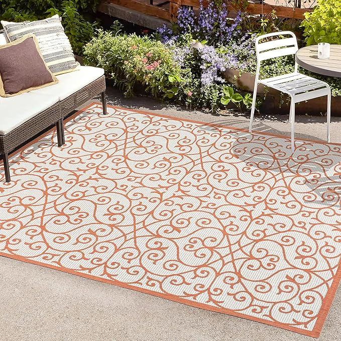JONATHAN Y Vintage Filigree Indoor Outdoor Area Rug 4X6 Cream/Orange, Madrid Textured Weave for Backyard, Patio, Porch, Easy-Cleaning, High Traffic, Pet-Friendly, Non-Shedding (SMB107L-4)