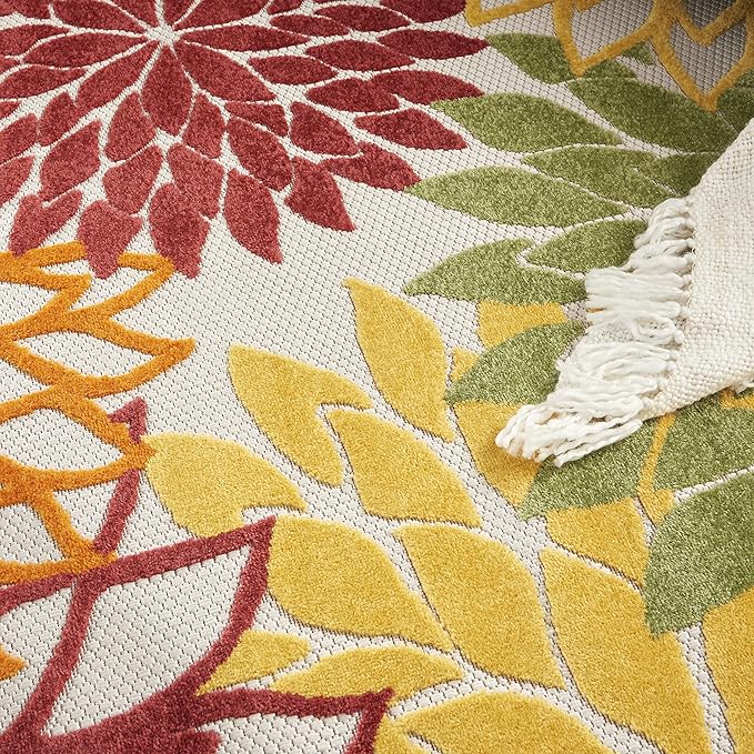 Nourison Home Aloha Indoor/Outdoor Red Multi Colored 4' x Round Area Rug, Tropical, Botanical, Easy Cleaning, Non Shedding, Bed Room, Living Room, Dining Room, Deck, Backyard, Patio (4 Round)