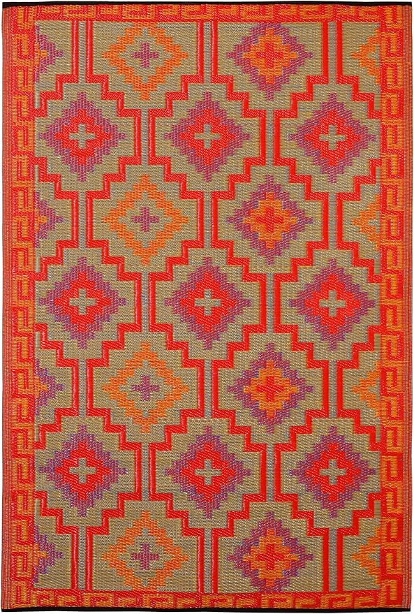 Fab Habitat Outdoor Rug - Waterproof, Fade Resistant, Crease-Free - Premium Recycled Plastic - Vintage Boho Kilim - Large Patio, Deck, Sunroom, Camping, RV - Lhasa - Orange & Violet - 8 x10 ft