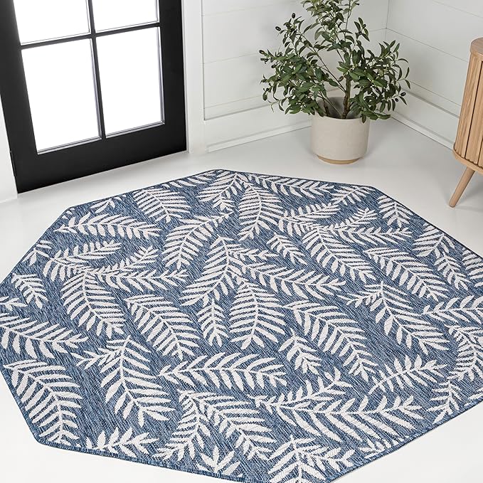 JONATHAN Y Palm Frond Indoor Outdoor Octagon Area Rug 8 Ft Navy/Ivory, Nevis for Backyard, Patio, Porch, Easy-Cleaning, High Traffic, Pet-Friendly, Non-Shedding (SMB119B-8TGN)