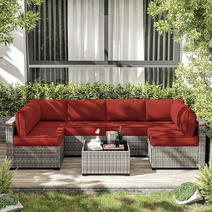 14-Piece Outdoor Cushions for Patio Furniture Thick Outdoor Chair Cushions 5" Foam High-Density Water-Resistant Deep Seat Cushion for 6-Seat Sectional Sets Liner&Cover Terra Red