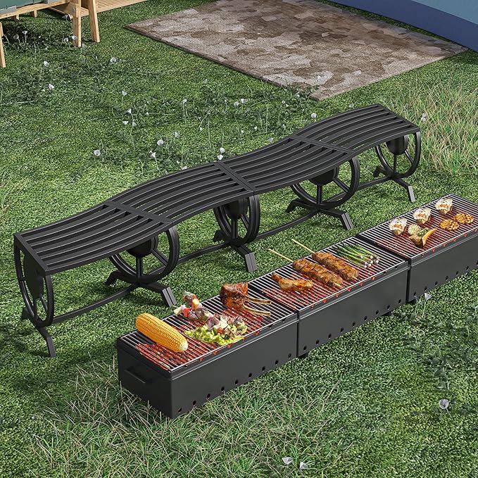 Outdoor Bench Patio Outdoor Garden Bench with Built-in Table, Wagon Wheel Arms, 3 People Outdoor Bench Garden Bench Front Porch Furniture (Black-22.83inch-2Pieces)
