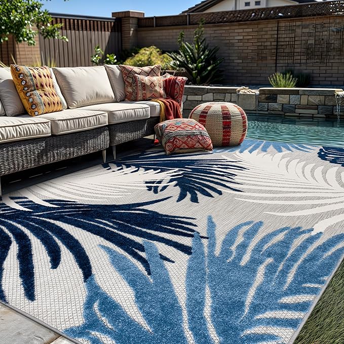 Rugshop Navy Lucca Contemporary Floral Indoor/Outdoor Area Rug Durable Polypropylene, Weather Resistant, Easy to Clean for Backyard, Deck and Outdoor Lounge 8'8" x 12'