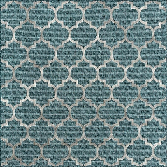 Unique Loom Outdoor Trellis Collection Area Rug (7' 10" Square, Teal/ Gray)