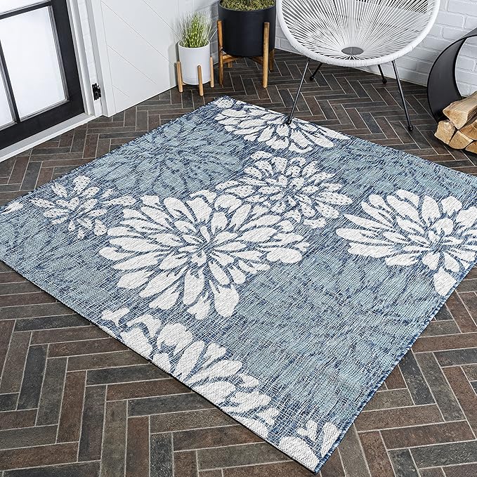 JONATHAN Y Floral Textured Weave Indoor Outdoor Square Area Rug 6X6 Navy/Aqua, Zinnia Modern for Backyard, Patio, Porch, Easy-Cleaning, High Traffic, Pet-Friendly, Non-Shedding (SMB110C-6SQ)