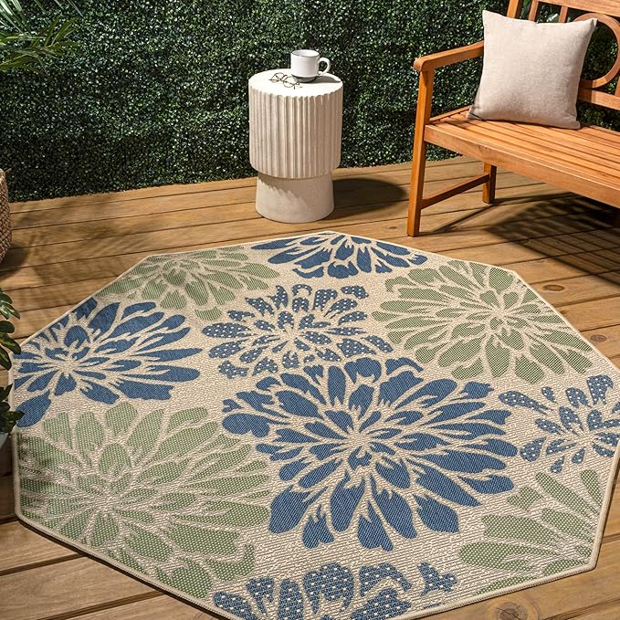 JONATHAN Y Floral Textured Weave Indoor Outdoor Octagon Area Rug 5 Ft Navy/Green, Zinnia Modern for Backyard, Patio, Porch, Easy-Cleaning, High Traffic, Pet-Friendly, Non-Shedding (SMB110B-5TGN)