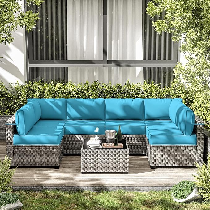 14-Piece Outdoor Cushions for Patio Furniture Thick Outdoor Chair Cushions 5" Foam High-Density Water-Resistant Deep Seat Cushion for 6-Seat Sectional Sets Liner&Cover Lake Blue