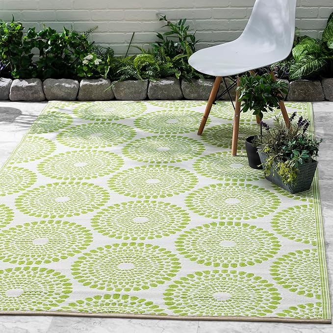 Fab Habitat Outdoor Rug - Waterproof, Fade Resistant, Crease-Free - Premium Recycled Plastic - Floral Medallion - Large Patio, Deck, Sunroom, Camping, RV - Rio - Green - 6 x 9 ft