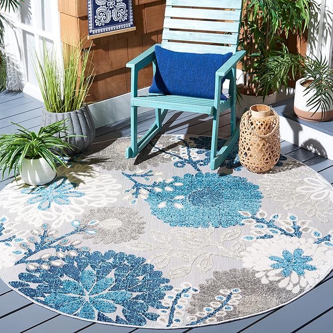 SAFAVIEH Washable Rug Outdoor Cabana Collection - 3' Round, Grey & Blue, Non-Shedding & Easy to Clean, Ideal for Patio, Backyard, Mudroom (CBN832F)