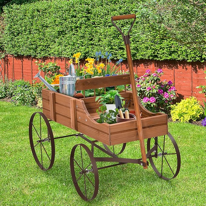 Wooden Wagon Planter with Wheels, Indoor/Outdoor Flower Cart w/Dual-Compartment & Adjustable Handle, Decorative Garden Planter for Home, Yard, Wedding (Brown)