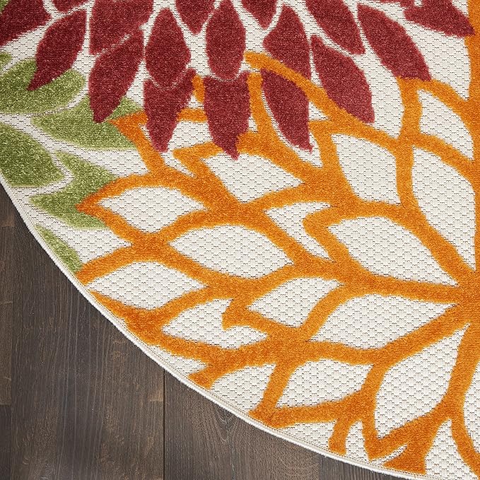 Nourison Home Aloha Indoor/Outdoor Red Multi Colored 4' x Round Area Rug, Tropical, Botanical, Easy Cleaning, Non Shedding, Bed Room, Living Room, Dining Room, Deck, Backyard, Patio (4 Round)