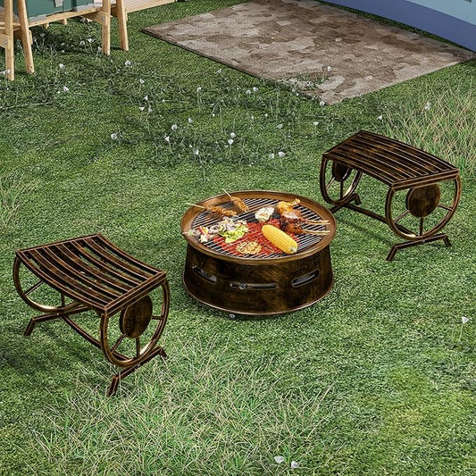 Outdoor Bench Patio Outdoor Garden Bench with Built-in Table, Wagon Wheel Arms, 3 People Outdoor Bench Garden Bench Front Porch Furniture (Bronze-22.83inch-2Pieces)