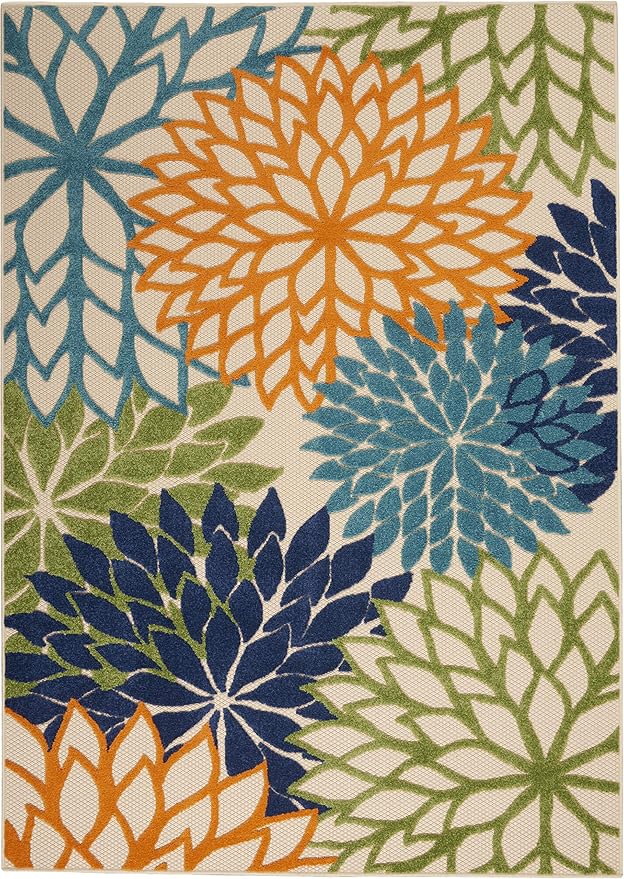 Nourison Home Aloha Indoor/Outdoor Multicolor 5'3" x 7'5" Area Rug, Tropical, Botanical, Easy Clean, Non Shedding, Bed Room, Living Room, Dining Room, Deck, Backyard, Patio (5x7)