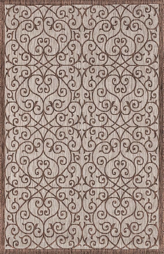 JONATHAN Y Vintage Filigree Indoor Outdoor Area Rug 4X6 Taupe/Espresso, Madrid Textured Weave for Backyard, Patio, Porch, Easy-Cleaning, High Traffic, Pet-Friendly, Non-Shedding (SMB107C-4)