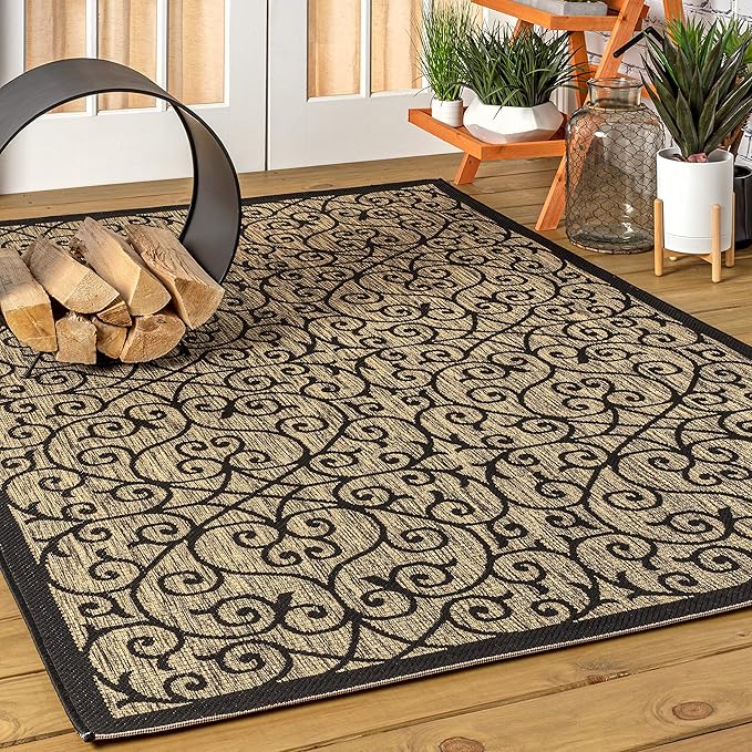 JONATHAN Y Vintage Filigree Indoor Outdoor Area Rug 9X12 Black/Khaki, Madrid Textured Weave for Backyard, Patio, Porch, Easy-Cleaning, High Traffic, Pet-Friendly, Non-Shedding (SMB107A-9)