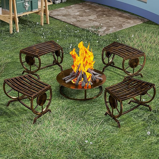 Outdoor Bench Patio Outdoor Garden Bench with Built-in Table, Wagon Wheel Arms, 3 People Outdoor Bench Garden Bench Front Porch Furniture (Bronze-22.83inch-4Pieces)