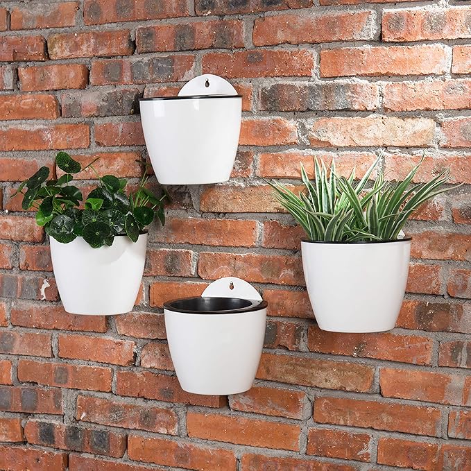 MyGift 7.5 Inch Wall Planters for Indoor Plants, White Plastic Hanging Self Watering Plant Pots, Flower Cactus Herbs Plant Container Wall Planter Set of 4