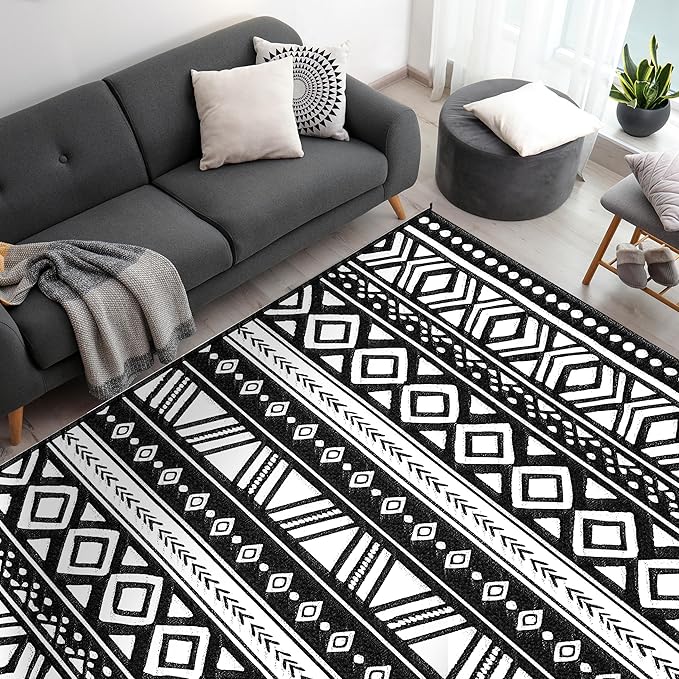 Utopia Home Waterproof Outdoor Rug for Patio 9 x 12 ft, Reversible Plastic Straw Mat for Camping, Picnics, Balcony, Patio, Aztec - Black & White