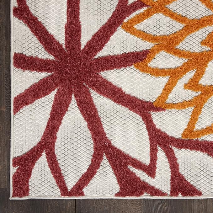 Nourison Home Aloha Indoor/Outdoor Red Multi Colored 5'3" x 7'5" Area Rug, Tropical, Botanical, Easy Cleaning, Non Shedding, Bed Room, Living Room, Dining Room, Deck, Backyard, Patio (5x7)