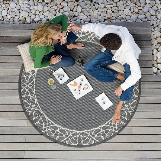 Nuuu Garden Round Outdoor Rug Reversible Patio Rug, 5'x5' Outdoor Plastic Straw Rug, Round Indoor Outdoor Rugs for Garden, Balcony, Picnic, RV, Gray & Light Beige