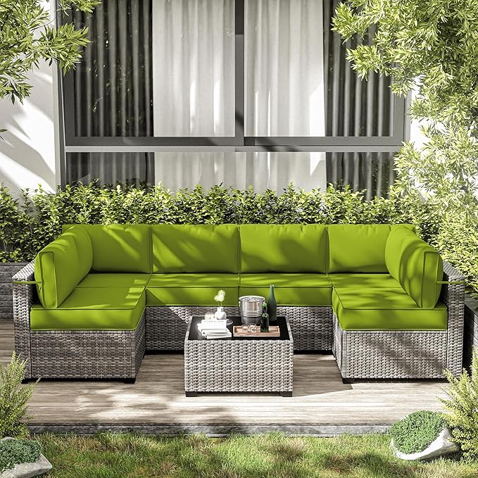 14-Piece Outdoor Cushions for Patio Furniture Thick Outdoor Chair Cushions 5" Foam High-Density Water-Resistant Deep Seat Cushion for 6-Seat Sectional Sets Liner&Cover Grass Green