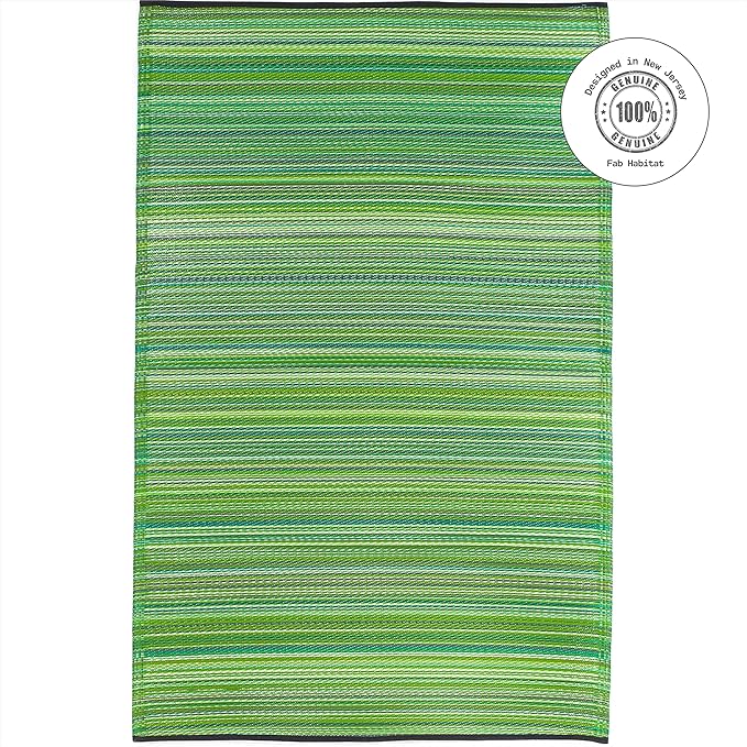 Fab Habitat Striped Outdoor Rug - Waterproof, Fade Resistant, Crease-Free, Reversible - Premium Recycled Plastic - Patio Porch Balcony Deck - Cancun Green - 8x10 ft