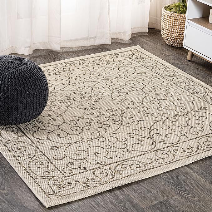 JONATHAN Y Vintage Filigree Indoor Outdoor Square Area Rug 5X5 Beige/Brown, Charleston Textured Weave for Backyard, Patio, Porch, Easy-Cleaning, High Traffic, Pet-Friendly, Non-Shedding (SMB106A-5SQ)