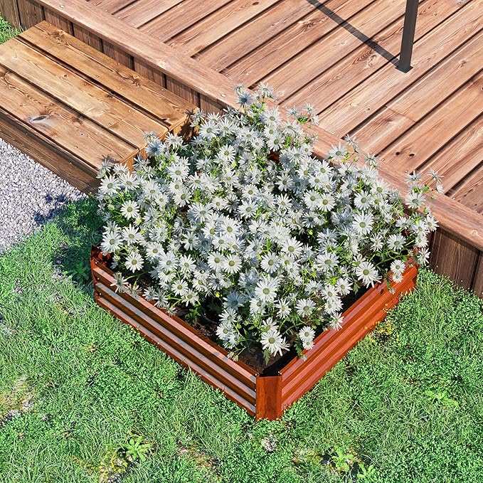 Outsunny 2 Piece Galvanized Raised Garden Bed, 3.3' x 3.3' x 1' Metal Planter Box for Growing Vegetables, Flowers, Herbs, Succulents, Dark Brown