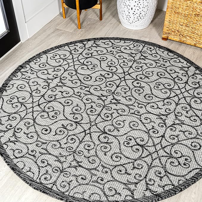JONATHAN Y Vintage Filigree Indoor Outdoor Round Area Rug 8 Ft Light Gray/Black, Madrid Textured Weave for Backyard, Patio, Porch, Easy-Cleaning, High Traffic, Pet-Friendly, Non-Shedding SMB107E-8R