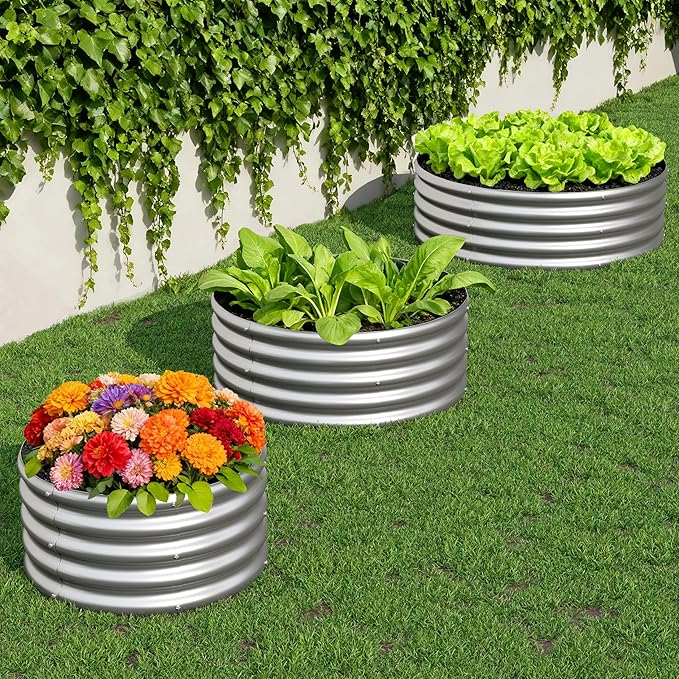 3PCS 4x4x1FT Galvanized Raised Garden Bed Kit,Vegetable Boxes-Round Metal Flower Box,Large Planter Raised Beds Outdoor Garden for Planting,Fruit,Herb-Silver