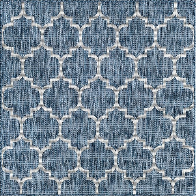 Unique Loom Outdoor Trellis Collection Area Rug (5' Square Navy Blue/Ivory)